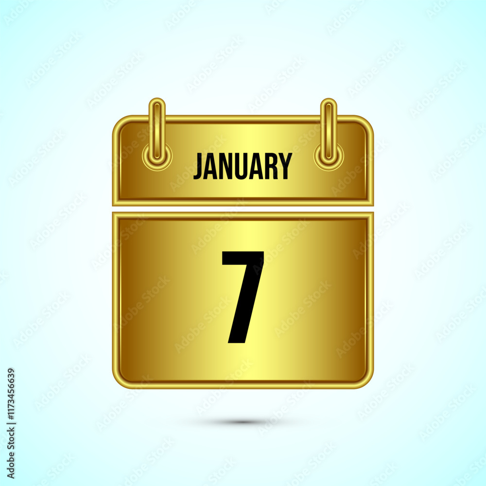 January 7 calendar and time planner on gold background. Daily calendar icon, schedule symbol January 7 calendar and time planner on gold background. Daily calendar icon, schedule symbol