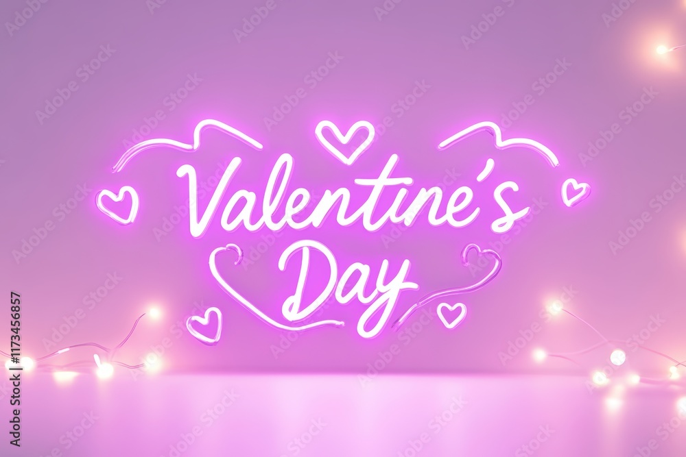 Valentine's day neon lights with heart accents on pink background Valentine's day neon lights with heart accents on pink background