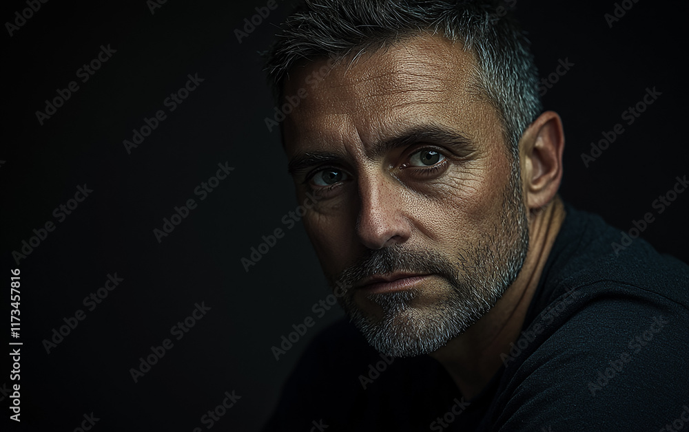 Low-key studio portrait of a man with a serious expression, set against a dark background, with dramatic lighting emphasizing his features.
Low-key studio portrait of a man with a serious expression, set against a dark background, with dramatic lighting emphasizing his features.