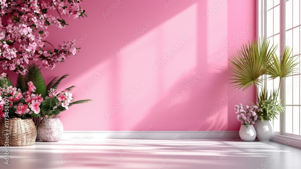A bright, airy room with a pink wall, adorned with blooming flowers and green plants, creating a serene and inviting atmosphere. A bright, airy room with a pink wall, adorned with blooming flowers and green plants, creating a serene and inviting atmosphere.