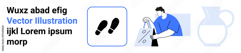 Male character carrying a shopping bag with a discount sign, footsteps icon, and pitcher outline. Ideal for online shopping, e-commerce, discounts, retail marketing, shopper behavior, sales Male character carrying a shopping bag with a discount sign, footsteps icon, and pitcher outline. Ideal for online shopping, e-commerce, discounts, retail marketing, shopper behavior, sales