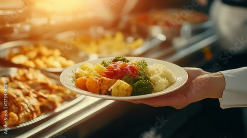 Fototapeta Naklejka Na Ścianę i Meble -  Chef is holding a plate of couscous, roasted vegetables and tomato sauce during lunch or dinner service at a self service buffet inside a hotel or restaurant, perfect for summer holidays