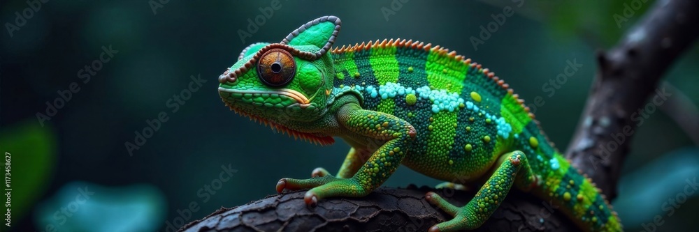 Fototapeta premium Iridescent green chameleon blending into dark space, nature, camouflage