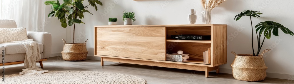 Fototapeta premium Modern living room interior with wooden furniture and plants creating a cozy atmosphere.