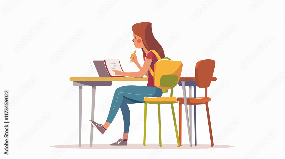 Professional Young Woman Studying at Desk with Notepad in University Setting Professional Young Woman Studying at Desk with Notepad in University Setting