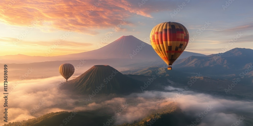 Obraz premium Majestic Mount Fuji at sunrise, hot air balloons floating above misty clouds, vibrant orange and pink sky, serene landscape, dreamy atmosphere, aerial view, panoramic composition, ethereal lighting, r