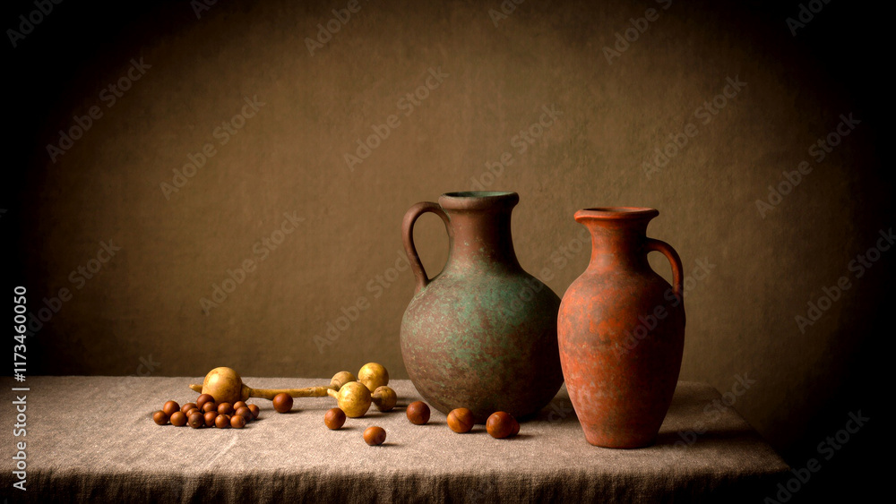 Stylized still life with ancient pottery and natural elements Stylized still life with ancient pottery and natural elements