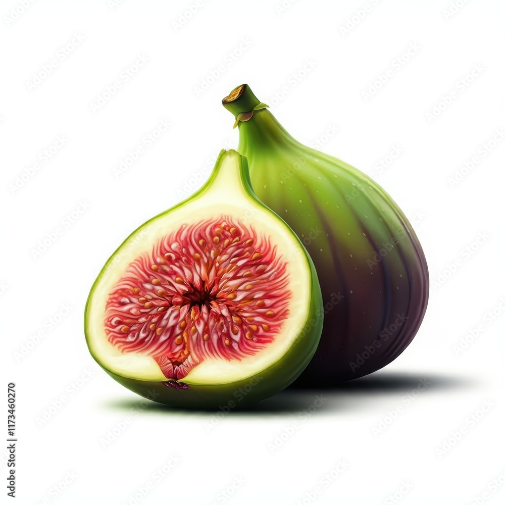 Fig fruit, cross-section, vibrant pink interior, green exterior, closeup, realistic, detailed, high contrast, white background, food photography, botanical illustration, juicy, ripe, fresh, organic, t Fig fruit, cross-section, vibrant pink interior, green exterior, closeup, realistic, detailed, high contrast, white background, food photography, botanical illustration, juicy, ripe, fresh, organic, t