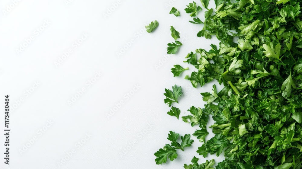 Fresh chopped parsley leaves on white with space above Fresh chopped parsley leaves on white with space above