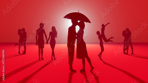 silhouettes of people in love on a pink background