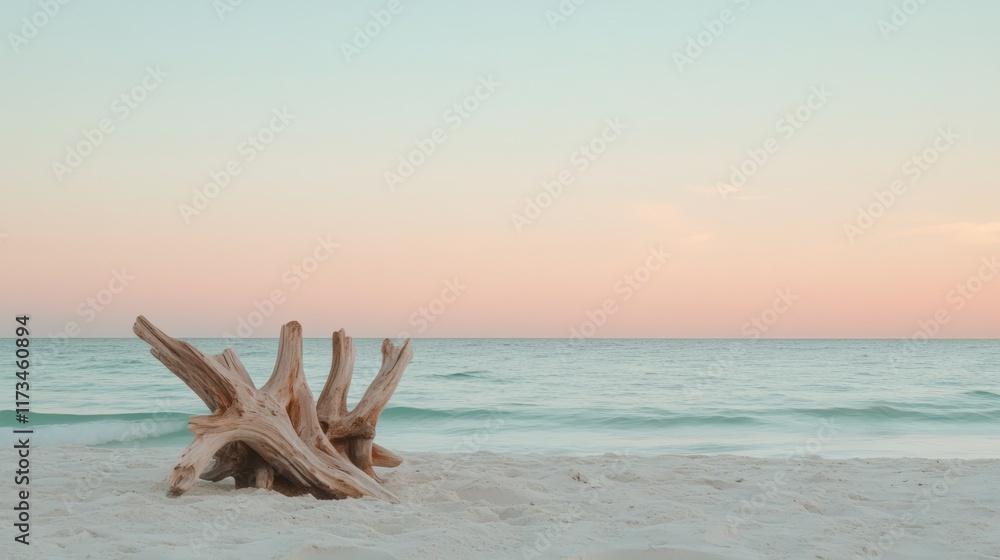 Driftwood rests on a pristine white sand beach as gentle waves lap the shore, bathed in the warm, pastel hues of a breathtaking sunset, evoking a sense of tranquility and peace Driftwood rests on a pristine white sand beach as gentle waves lap the shore, bathed in the warm, pastel hues of a breathtaking sunset, evoking a sense of tranquility and peace