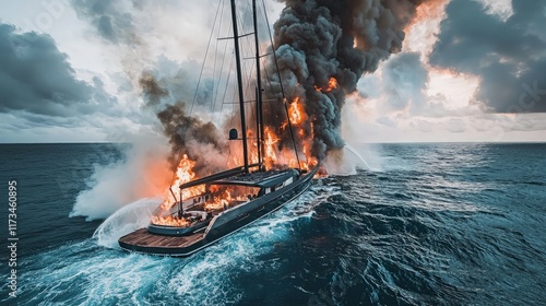 Burning yacht engulfed in flames at sea, dark clouds background, maritime disaster.