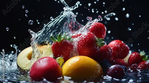 Fruits falling into a dynamic water splash against black