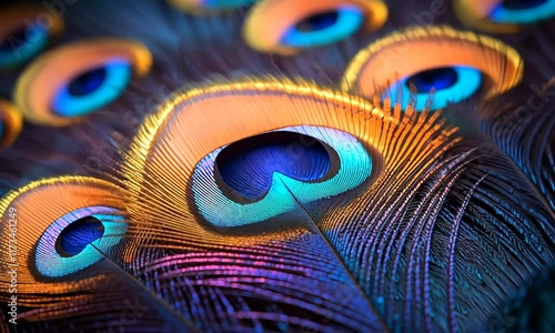 A close-up of a peacock feather showcasing vibrant colors and intricate patterns.