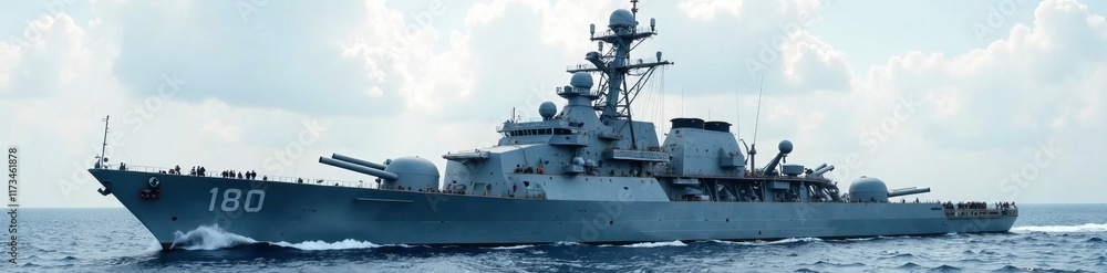 Large gray battleship with multi-tiered gun turrets and communication equipment , gray, machinery Large gray battleship with multi-tiered gun turrets and communication equipment , gray, machinery