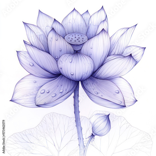 Blue lotus flower with dew, bud, leaf on white, art print