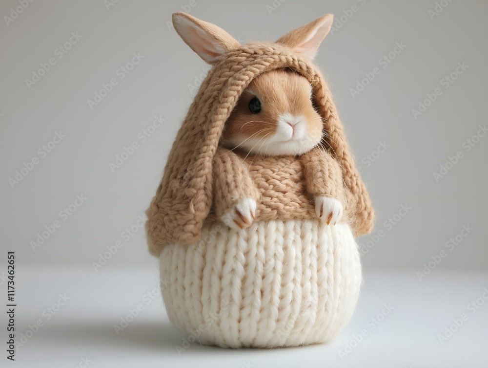 Fototapeta premium beige knitted bunny toy with long ears and a hooded garment, displayed on a neutral background.