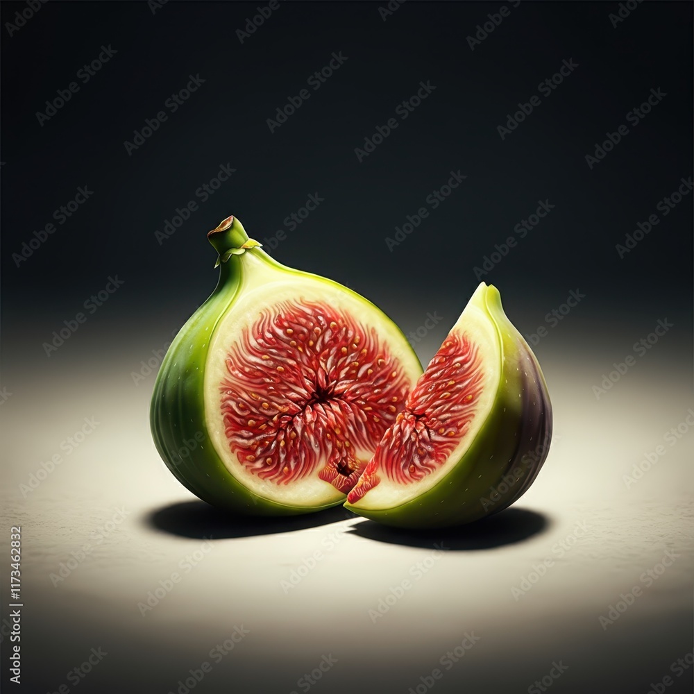 Fig fruit, cross-section, vibrant pink interior, green exterior, closeup, realistic, detailed, high contrast, white background, food photography, botanical illustration, juicy, ripe, fresh, organic, t Fig fruit, cross-section, vibrant pink interior, green exterior, closeup, realistic, detailed, high contrast, white background, food photography, botanical illustration, juicy, ripe, fresh, organic, t