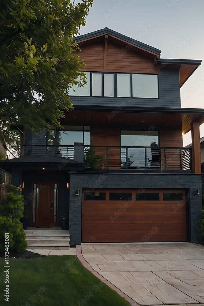 Fototapeta premium Two-Story Modern House with Dark Gray Siding and Wood Garage Door