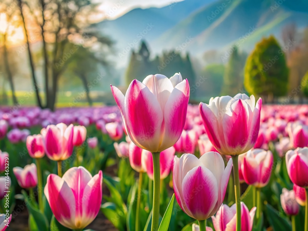 Obraz premium Panoramic Kashmir Tulip Garden: Delicate Pink & White Tulips