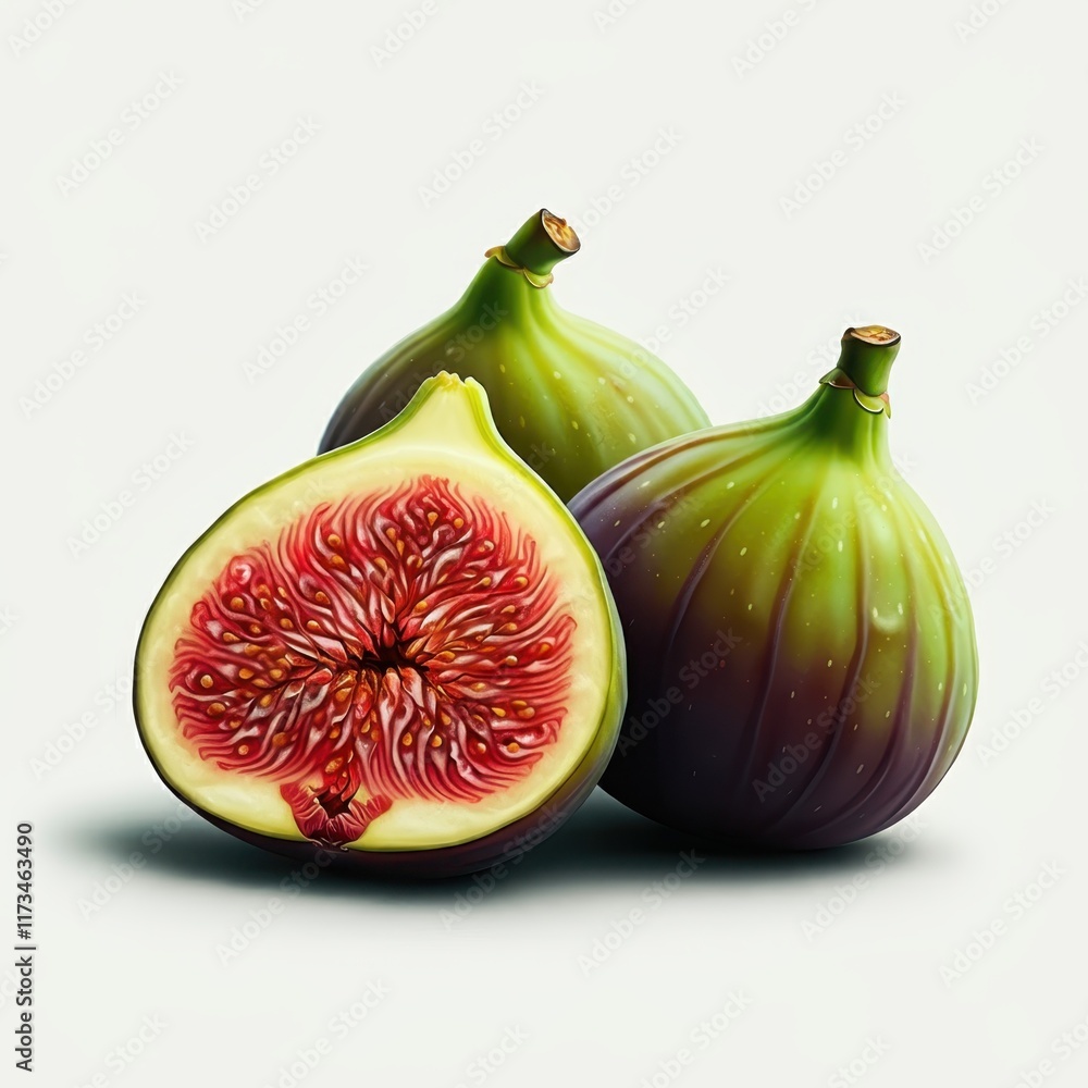 Fig fruit, cross-section, vibrant pink interior, green exterior, closeup, realistic, detailed, high contrast, white background, food photography, botanical illustration, juicy, ripe, fresh, organic, t Fig fruit, cross-section, vibrant pink interior, green exterior, closeup, realistic, detailed, high contrast, white background, food photography, botanical illustration, juicy, ripe, fresh, organic, t