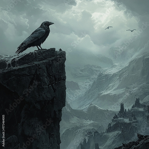 Captivating photographs of crows perched or flying over rugged mountain landscapes. These images combine the mysterious beauty of crows with the breathtaking grandeur of nature, perfect for themes of  photo