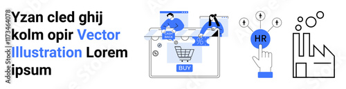 Business professionals working on online shopping elements, hand interacting with HR icon, and stylized factory illustration. Ideal for e-commerce, HR management, manufacturing, web design, digital