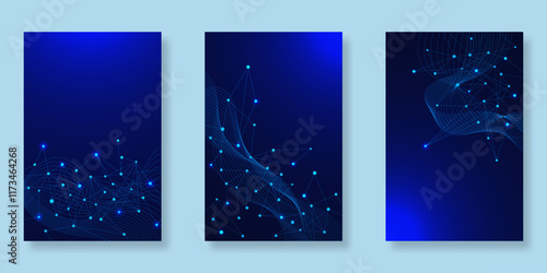 Set of abstract technology poster for science future innovation on dark blue background. Futuristic dots and connecting lines for book cover, pamphlet and brochure design