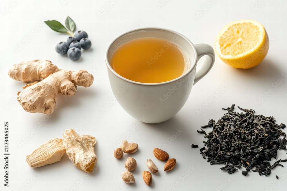 Morning tea series showcasing a cup with ginger, lemon, and various ingredients for a healthy brew Morning tea series showcasing a cup with ginger, lemon, and various ingredients for a healthy brew