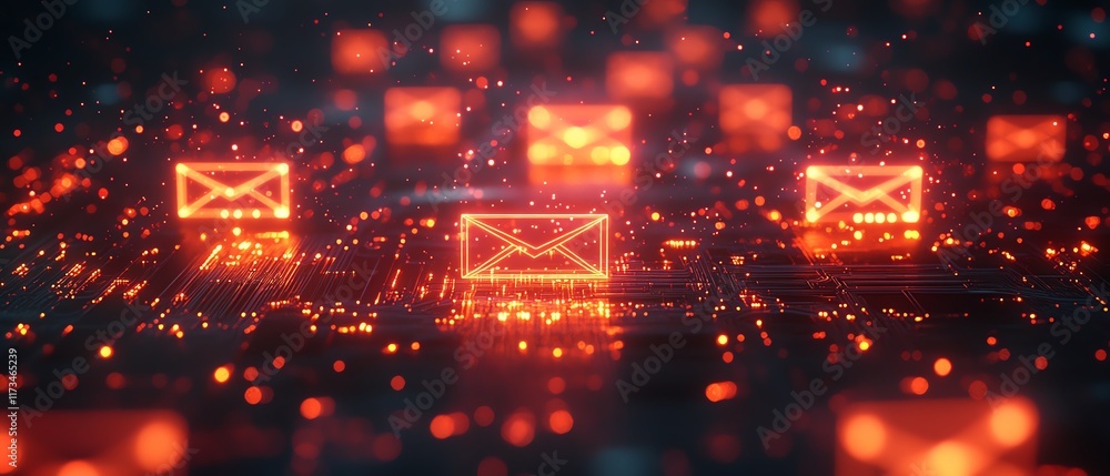 Networking and mail communication concept, yellow and red digital envelope symbols, dark circuit background, 3D rendering, futuristic design, glowing technology Networking and mail communication concept, yellow and red digital envelope symbols, dark circuit background, 3D rendering, futuristic design, glowing technology