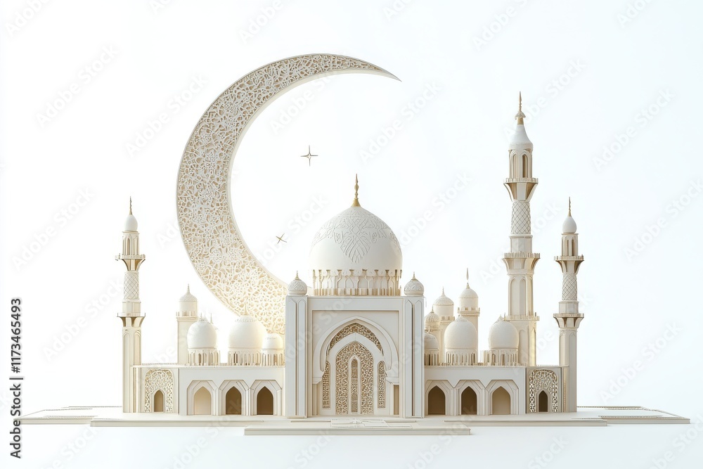 Obraz premium 3D Moon and Mosque Illustration Isolated and White Background