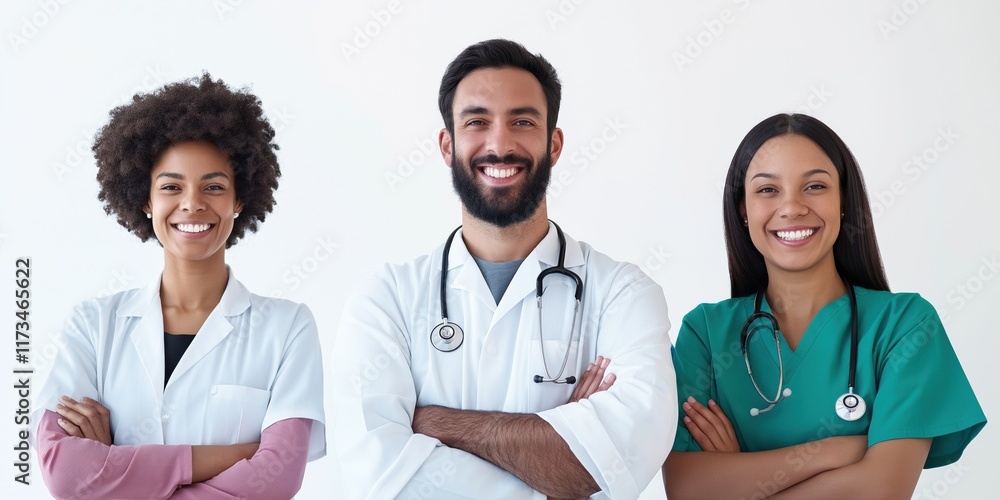 Three doctors are smiling for the camera. One of them is wearing a green scrub top. The other two are wearing white coats Three doctors are smiling for the camera. One of them is wearing a green scrub top. The other two are wearing white coats