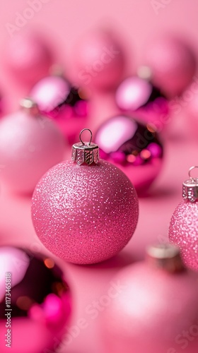 Pink and fuchsia Christmas baubles on pink background.