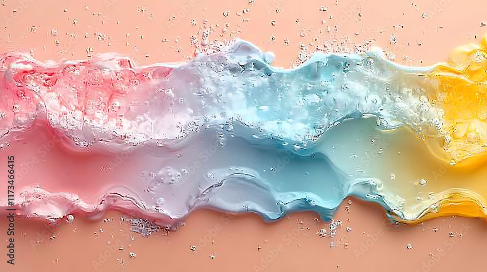 Fototapeta premium Abstract pastel wave flow with bubbles and glitter on peach background.
