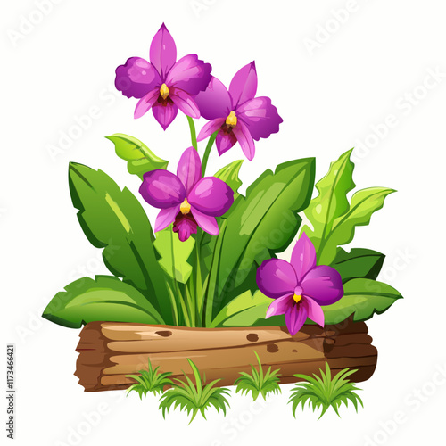 Purple orchid flowers and log on white vector illustration (4)