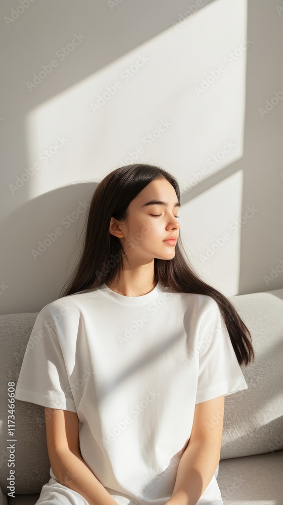 Model wearing white t shirt sitting on sofa with closed eyes, enjoying sunlight streaming through window, creating peaceful and serene atmosphere, perfect for lifestyle and fashion campaign Model wearing white t shirt sitting on sofa with closed eyes, enjoying sunlight streaming through window, creating peaceful and serene atmosphere, perfect for lifestyle and fashion campaign