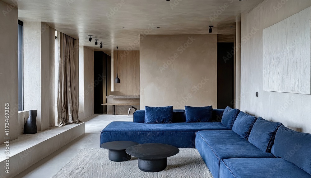 Fototapeta premium Modern Minimalist Apartment Interior Design Luxury Blue Sofa Neutral Walls