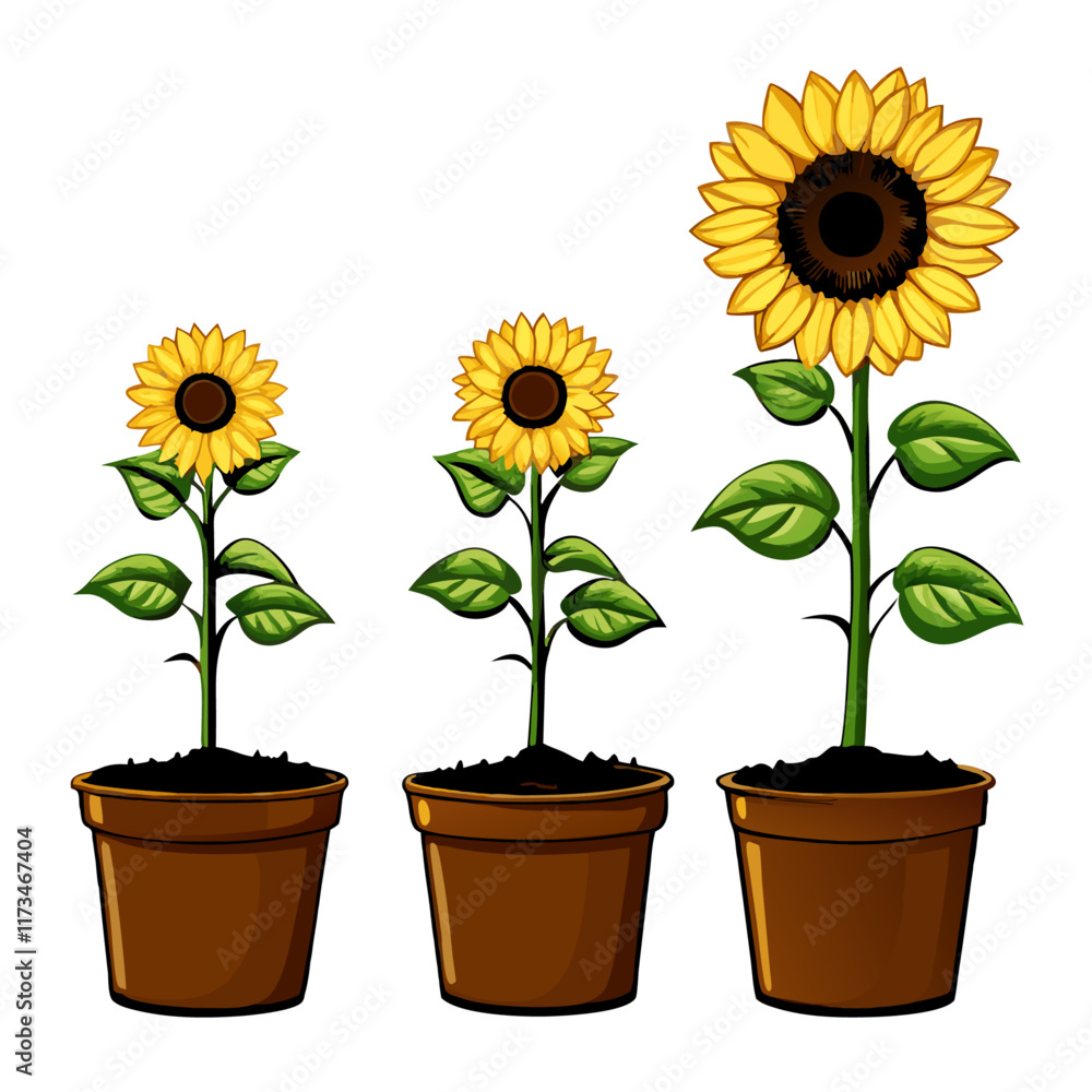 Obraz premium Three pots of sunflower plants vector illustration (5)