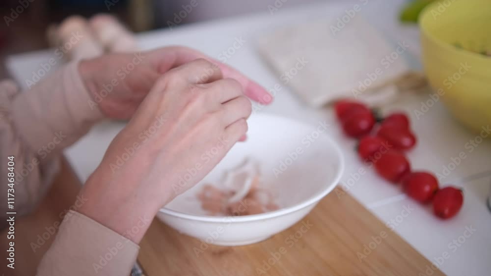Homemade salad preparation series. Female hands closeup Homemade salad preparation series. Female hands closeup