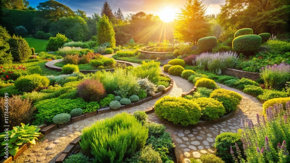 Fototapeta premium Panoramic View of a Lush Herb Spiral Garden in Summer Sunlight