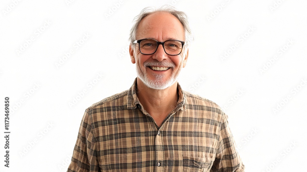 Cheerful Older Man Smiling Happily in Casual Attire Against White Background Cheerful Older Man Smiling Happily in Casual Attire Against White Background