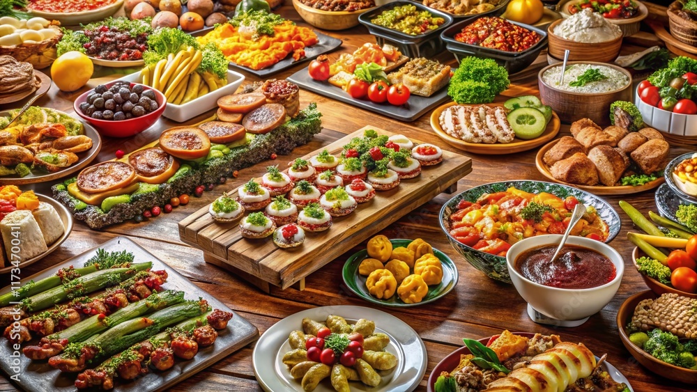 Panoramic View of Delicious Food Buffet - Abundant Feast Panoramic View of Delicious Food Buffet - Abundant Feast