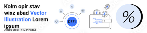 Network with DEFI in center, cryptowallet, and percentage symbol. Ideal for finance apps, fintech news, blockchain, crypto tutorials, DeFi guides, investment platforms, and cryptocurrency blogs