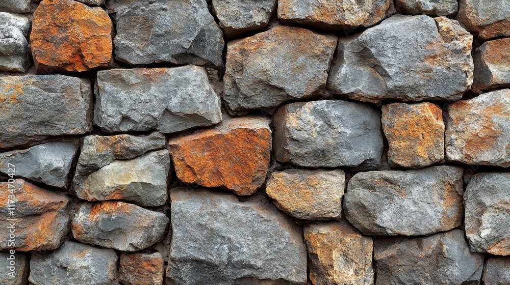 Rustic stone wall texture with grey, brown, and orange stones. Rustic stone wall texture with grey, brown, and orange stones.