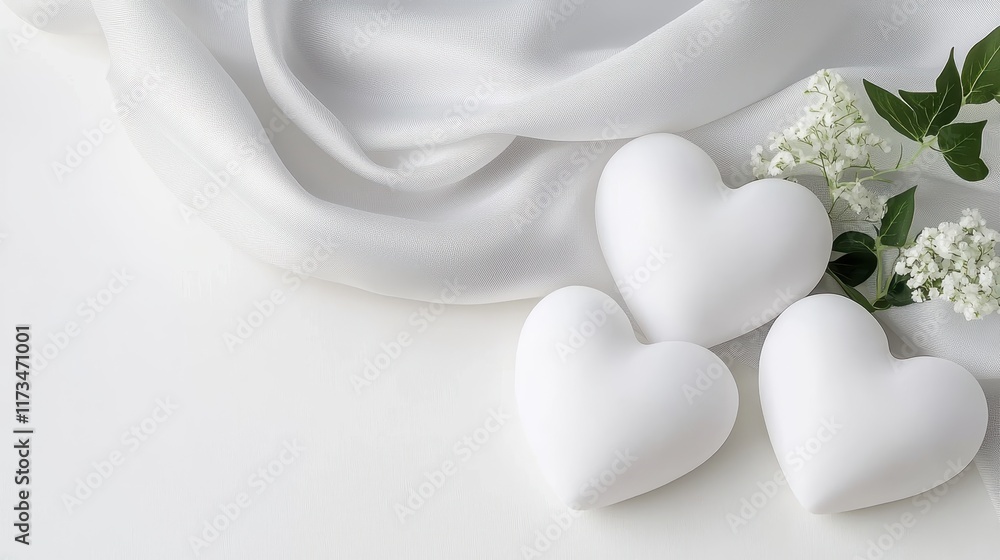 Fototapeta premium Elegant White Hearts on Soft Fabric with Greenery for Romantic Themes