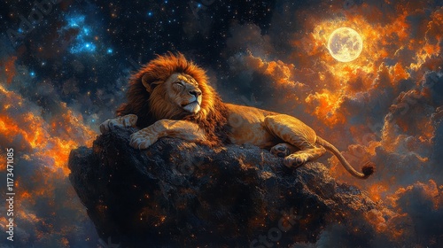 Majestic lion rests on a rock amidst a fiery, starry night sky.
