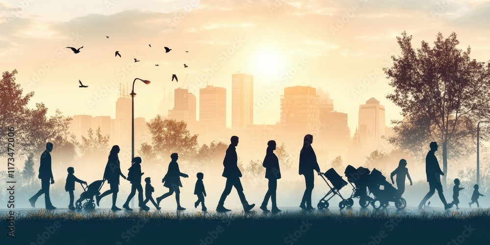 Fototapeta premium Urban silhouettes, city skyline, walking people, diverse crowd, lamp posts, birds flying, sunset sky, sepia tones, nostalgic atmosphere, reflective pavement, trees, autumn mood, daily commute, urban l