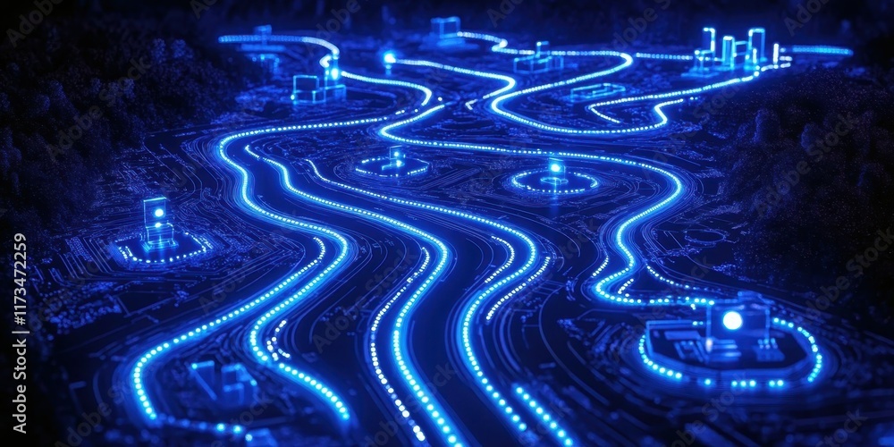 Futuristic circuit board, glowing blue technology, intricate digital pathways, neon cyberpunk aesthetic, abstract electronic landscape, hi-tech motherboard visualization, complex network connections, Futuristic circuit board, glowing blue technology, intricate digital pathways, neon cyberpunk aesthetic, abstract electronic landscape, hi-tech motherboard visualization, complex network connections,