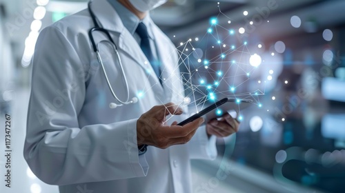 Doctor with tablet and hologram. Concept of new technologies in medicine.