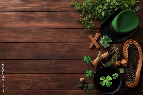 St. patrick's day symbols on wooden background: hat, shamrocks, harp, and decorations photo